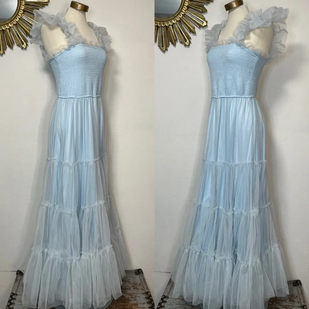 Mable Fiori Light Blue Tulle Tiered Maxi Dress - Picture 3 of 10